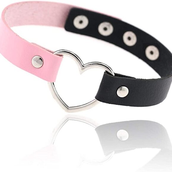 🆕 Pink Black Leather Heart Choker Collar Necklace Goth Punk Rave Party Festival - Picture 3 of 5